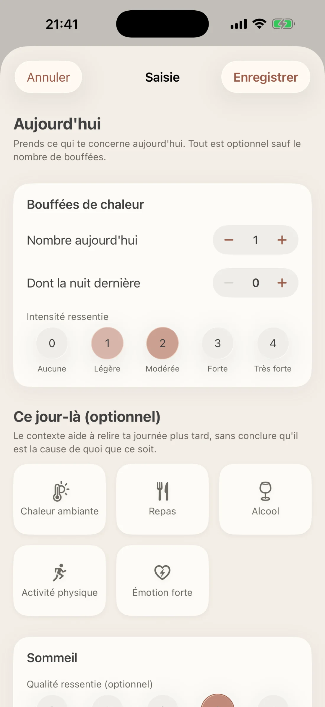 Saisie du jour dans Poreias : nombre de bouffées de chaleur, dont la nuit dernière, et intensité ressentie.