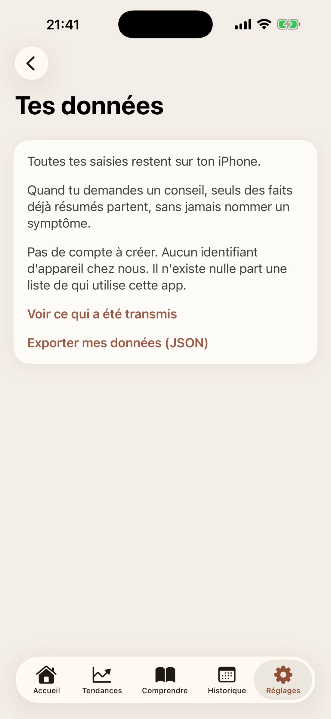 Écran Tes données de Poreias : toutes tes saisies restent sur ton iPhone, sans compte à créer.